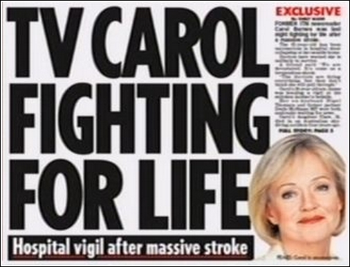 Carol Barnes ill in Hosital - Daily Mirror front page