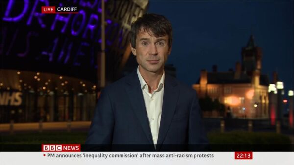Hywel Griffith in Cardiff for BBC News 1