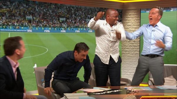 Gary Neville Ian Wright and Lee Dixon celebrate Englands win over Columbia 10