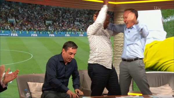 Gary Neville Ian Wright and Lee Dixon celebrate Englands win over Columbia 11