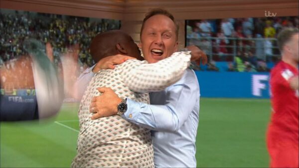 Gary Neville Ian Wright and Lee Dixon celebrate Englands win over Columbia 12