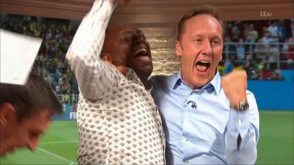 Gary Neville Ian Wright and Lee Dixon celebrate Englands win over Columbia 13