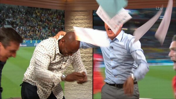 Gary Neville Ian Wright and Lee Dixon celebrate Englands win over Columbia 14