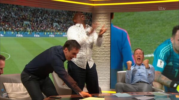 Gary Neville Ian Wright and Lee Dixon celebrate Englands win over Columbia 15