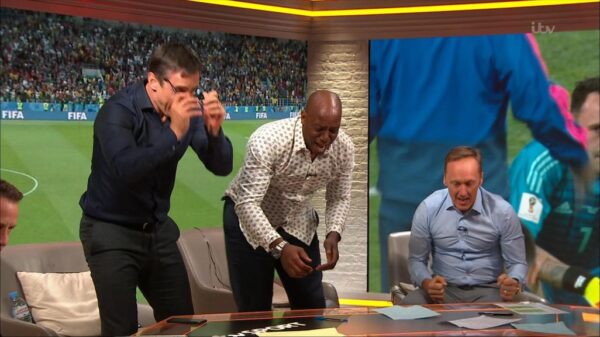 Gary Neville Ian Wright and Lee Dixon celebrate Englands win over Columbia 16