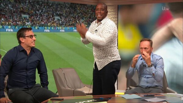 Gary Neville Ian Wright and Lee Dixon celebrate Englands win over Columbia 18