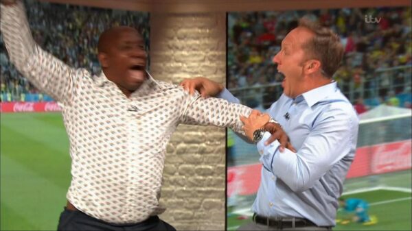 Gary Neville Ian Wright and Lee Dixon celebrate Englands win over Columbia 2