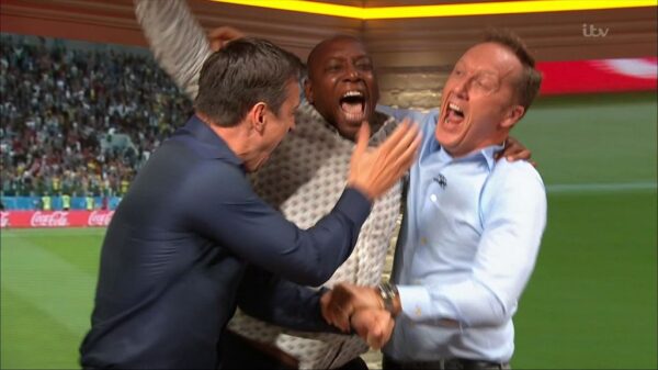 Gary Neville Ian Wright and Lee Dixon celebrate Englands win over Columbia 4