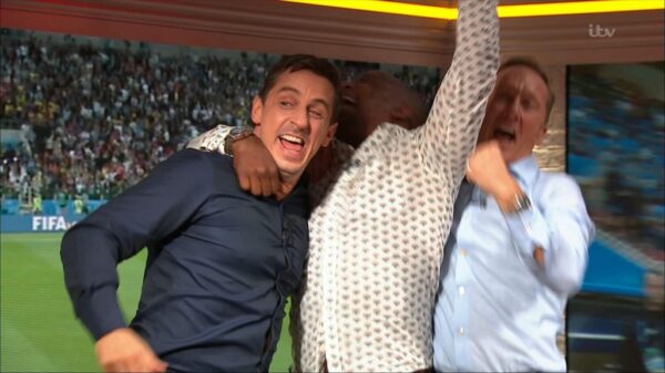 Gary Neville Ian Wright and Lee Dixon celebrate Englands win over Columbia 6