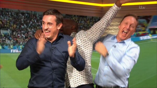 Gary Neville Ian Wright and Lee Dixon celebrate Englands win over Columbia 7