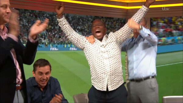 Gary Neville Ian Wright and Lee Dixon celebrate Englands win over Columbia 8