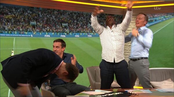 Gary Neville Ian Wright and Lee Dixon celebrate Englands win over Columbia 9