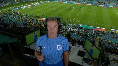 Rachel Brown Finnis commentating on England